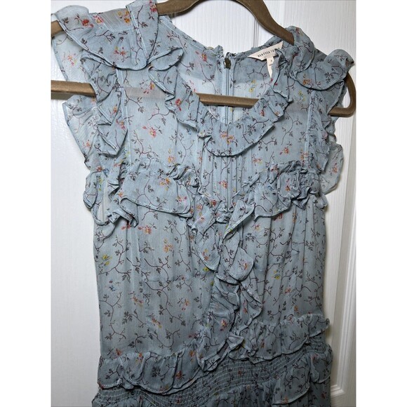 Rebecca Taylor Sleeveless Silk Chiffon Ruffle Tier Dress Size 4 Vine Floral Blue - Picture 2 of 11
